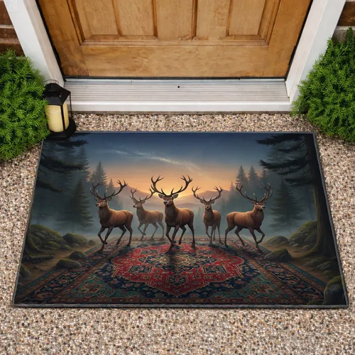 Majestic Stags Twilight Forest Persian Carpet - Home Decor Gift for Wildlife Lover Doormat