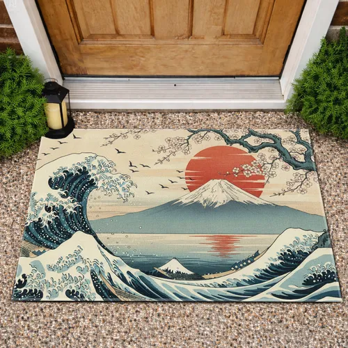 Japanese Landscape Mount Fuji Cherry Blossom Rising Sun Ocean Waves - Home Decor Gift Doormat