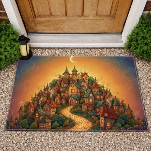 Twilight Town Glowing Houses Cobblestone Path - Everyday Home Welcome Decor Doormat