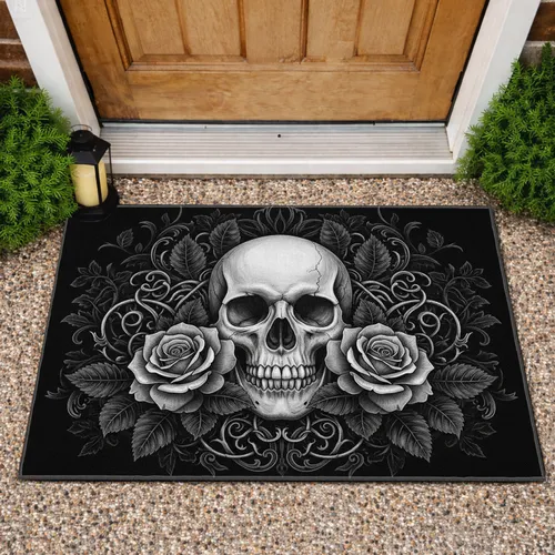 Gothic Human Skull Roses Thorny Vines Scrollwork - Halloween Decor Gift Doormat