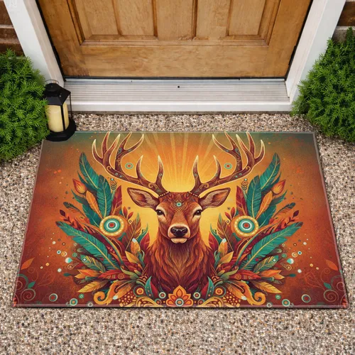Majestic Deer Antlers Tribal Folk Motifs - Wildlife Home Decor Gift Doormat