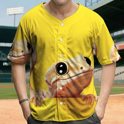 Detailed Curious Gecko Large Expressive Eyes Peeking Vibrant Yellow Field - Reptile Lover Gift Baseball Jersey