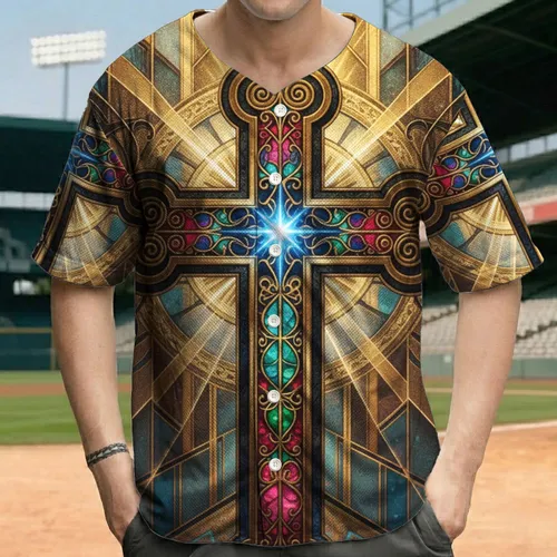 Majestic Golden Cross Stained Glass, Radiant Filigree - Opulent Devotional Lifestyle Gift Baseball Jersey