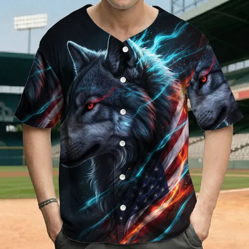 Grey Wolf American Flag Flames - Patriotic Collector Gift for Veterans Baseball Jersey