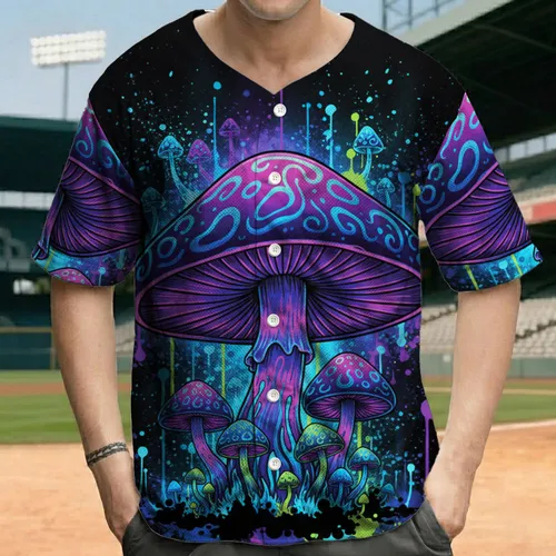 Psychedelic Mushroom Forest Neon Glow Paint Splatter - Music Festival Party Gift Baseball Jersey
