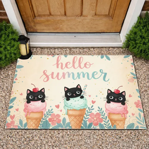 Black Cats Ice Cream hello summer - Home Decor Gift for Cat Lover Doormat