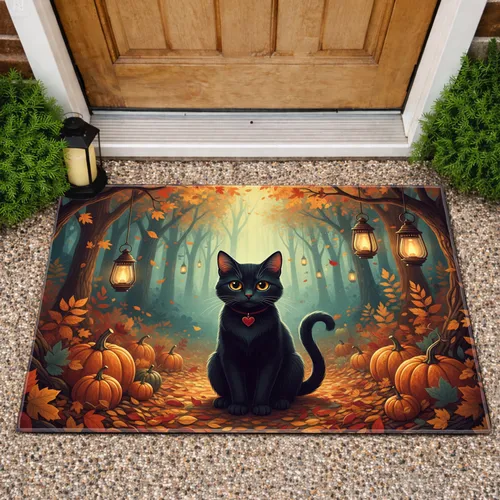 Black Cat Autumn Leaves Pumpkins Lanterns - Halloween Decor Cat Lover Gift Doormat