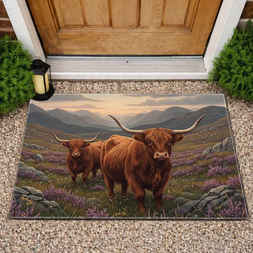 Highland Cattle Heather Field Mountain Landscape - Farmhouse Home Decor Gift for Cow Lover Doormat