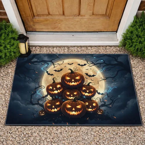 Glowing Jack-o'-lanterns Full Moon Haunted Forest Bats - Halloween Decor Doormat