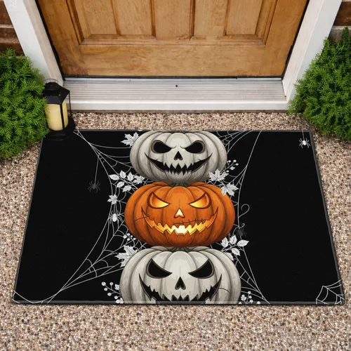 Stacked Halloween Jack-o'-Lanterns Spiderweb - Halloween Home Decor Doormat