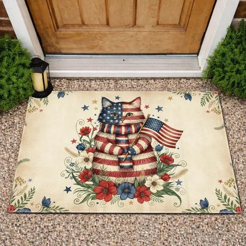 American Flag Cat Wildflowers Independence Day Gift for Veterans Doormat