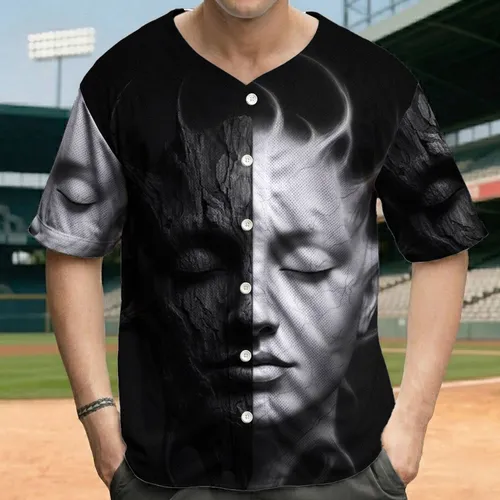 Hyperrealistic Serene Split Face Rock Stone Sculpture - Bold Chiaroscuro Wearable Art Baseball Jersey
