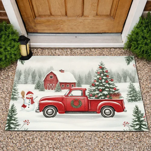 Vintage Red Pickup Truck Christmas Tree Snowman - Farmhouse Holiday Decor Doormat