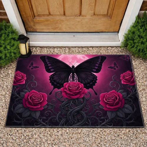 Gothic Butterfly Pink Rose Moon - Home Decor Gift for Butterfly Lovers Doormat
