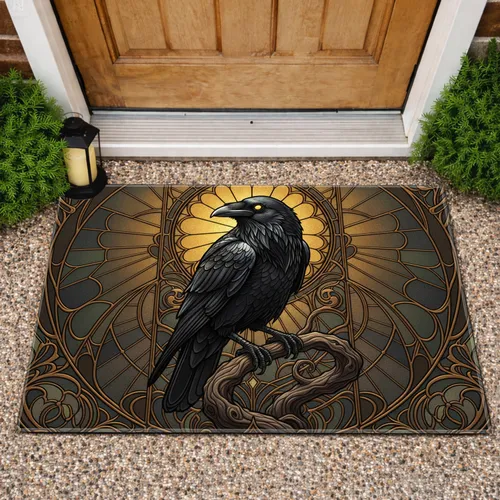 Black Raven Gnarled Branch Stained Glass Art Nouveau - Wildlife Lover Gift Doormat