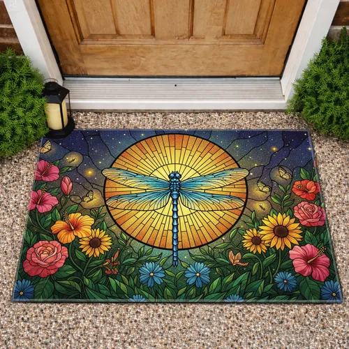 Dragonfly Sunburst Flowers Butterflies Starry Night Sky - Dragonfly Lover Home Decor Gift Doormat