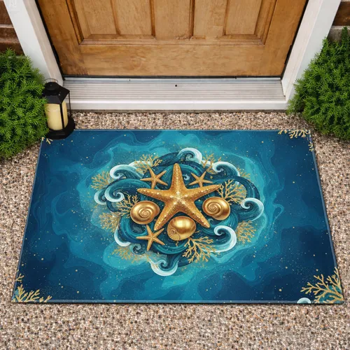 Luminous Golden Starfish Seashells Underwater Coral - Home Decor Gift for Ocean Lover Doormat