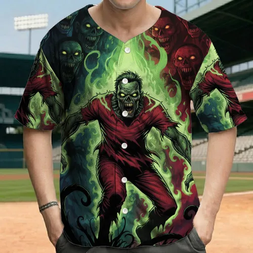 Aggressive Zombie Ghoulish Faces Electric Green Tendril Horror - Halloween Party Baseball Jersey