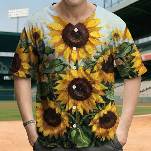 Light Sky Blue Tan Sunflowers Green Foliage - Everyday Outdoor Wear for Nature Lovers Baseball Jersey