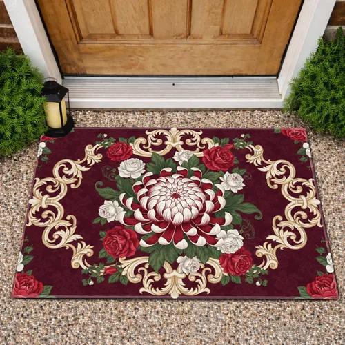 Chrysanthemum Roses Baroque Scrollwork - Home Decor Gift Doormat