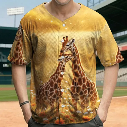 Adult Giraffe Baby Nuzzle Wildflowers Sunlit Savanna - Wildlife Lover Gift Baseball Jersey