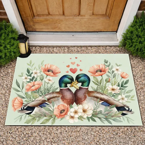 Embracing Mallard Ducks Poppies Blossoms - Wildlife Lover Home Decor Gift Doormat