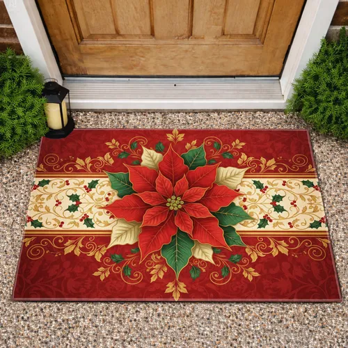 Poinsettia Holly Gold Swirls Leaves - Christmas Home Decor Gift Doormat