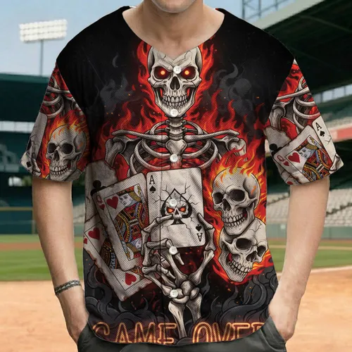 Skeletal Hand Ace of Spades Game Over Flaming Skulls - Halloween Party Gift for Gamers Baseball Jersey