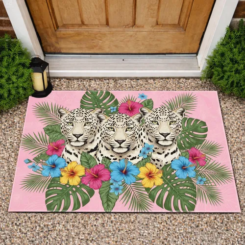Spotted Leopards Monstera Palm Fronds Hibiscus Flowers - Tropical Home Decor Gift Doormat