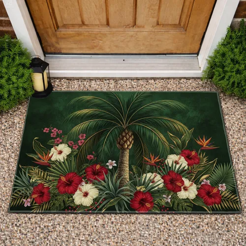 Lush Tropical Palm Red Hibiscus Agave Jungle Foliage - Home Decor Gift Doormat