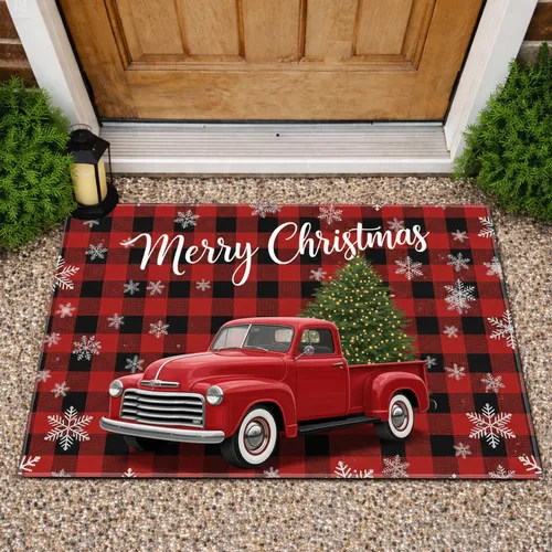 Merry Christmas Red Truck Green Tree Snowflakes - Christmas Home Decor Doormat
