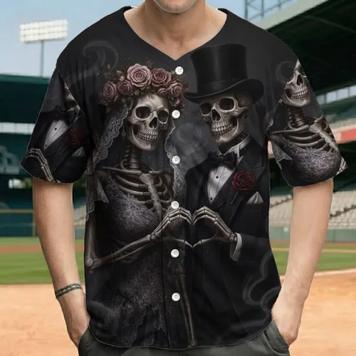 Skeleton Couple Wedding Attire Floral Crown - Halloween Party Gift for Goth Fans Baseball Jersey