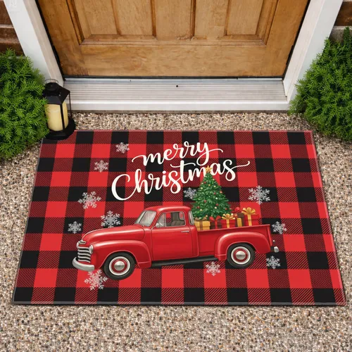 Merry Christmas Vintage Red Pickup Truck Tree - Christmas Home Decor Doormat