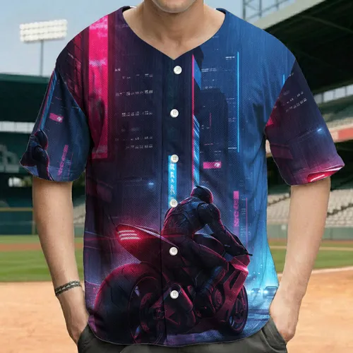 Futuristic Sport Motorcycle Cyberpunk Night City Street - Urban Style Gift for Explorers Baseball Jersey