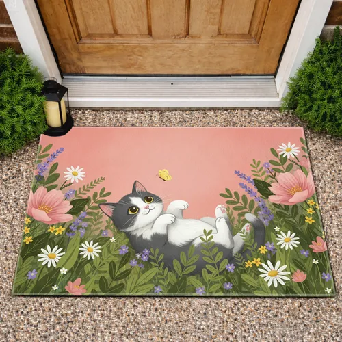 Tuxedo Cat Butterfly Wildflowers - Home Decor Gift for Cat Lover Doormat