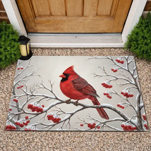 Male Cardinal Snowy Branch Red Berries - Winter Home Decor Gift for Bird Lovers Doormat