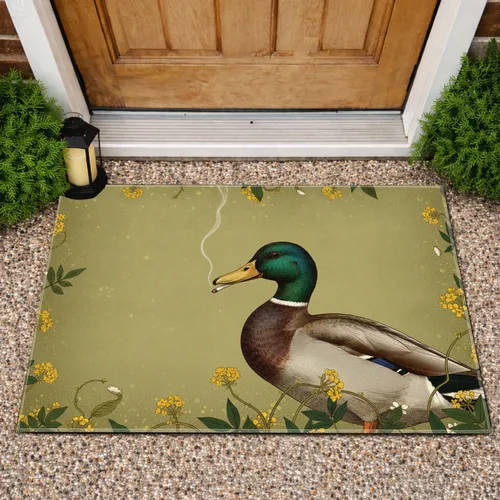 Mallard Duck Cigarette Botanical Leaves Vines Yellow Flowers - Home Decor Gift Doormat