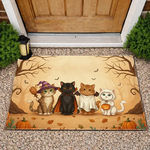 Four Anthropomorphic Halloween Cats Autumn Tree Branches - Halloween Party Decor Doormat