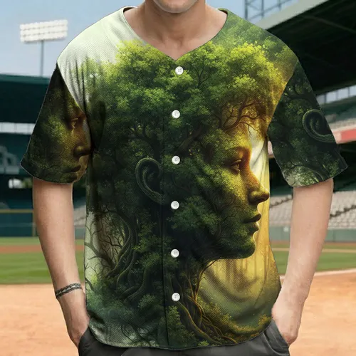 Dense Forest Human Head Profile with Golden Sunset Glow - Nature Lover Gift Baseball Jersey