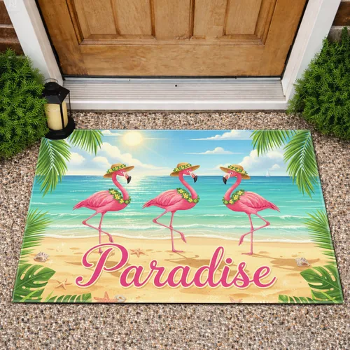 Paradise Pink Flamingos Sunny Beach - Tropical Home Decor Gift for Beach Lover Doormat