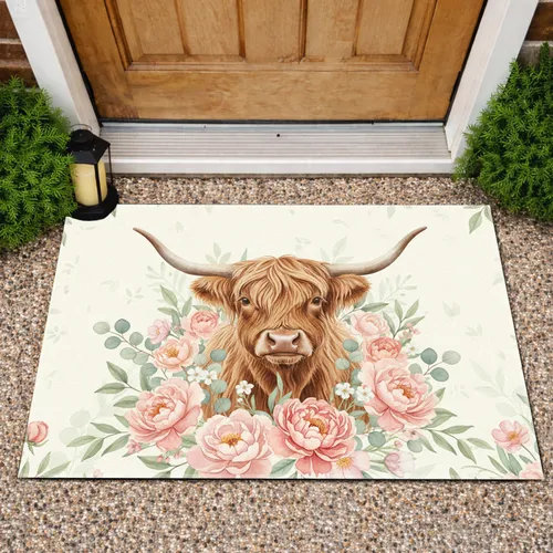 Highland Cow Wildflower Meadow - Farmhouse Decor Gift for Cow Lover Doormat