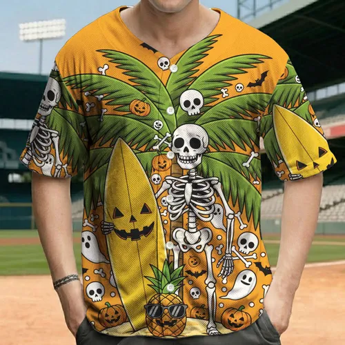 Cheerful Skeleton Pineapple Surfboard Tropical Island Skull Ghosts Halloween Party Baseball Jersey