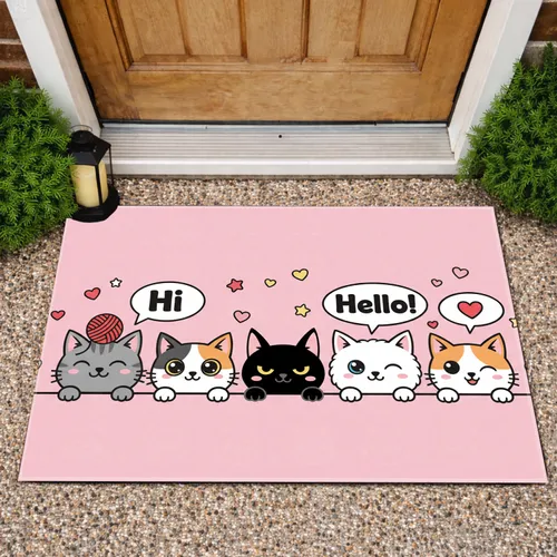 Five Cartoon Cats Hi Hello Icons - Home Decor Gift for Cat Lovers Doormat