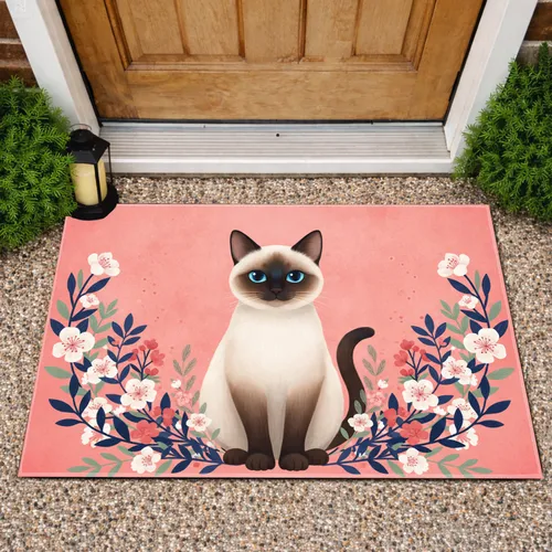 Siamese Cat Floral Botanical Frame - Home Decor Gift for Cat Lover Doormat