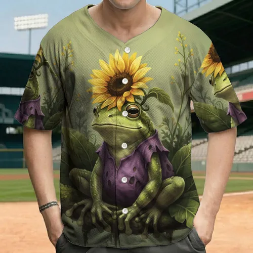 Green Frog Sunflower Hat Purple Thistle Wildflower Meadow Animal - Nature Lover Gift Baseball Jersey