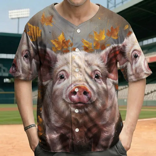Young Pig in Natural Earthy Environment with Autumn Leaves - Wildlife Lover Gift for Pig Lover Baseball Jersey