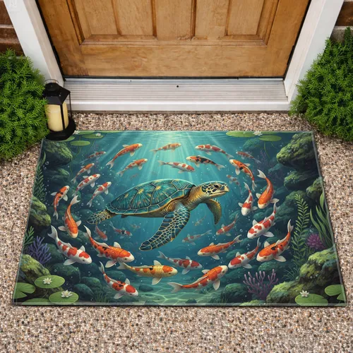 Sea Turtle Koi Fish Lily Pads Water Garden - Home Decor Gift Doormat