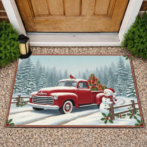Vintage Red Truck Christmas Snowman Cardinal Winter Home Decor Doormat