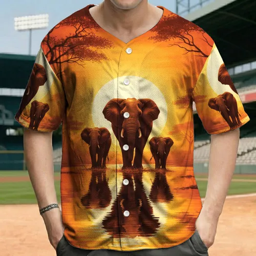 Silhouetted Elephant Family African Savanna Sunset Acacia Trees - Wildlife Lover Gift Baseball Jersey