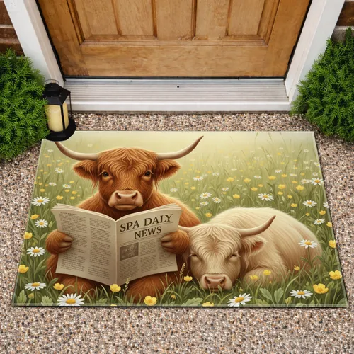 Highland Cow Newspaper Wildflower Meadow - Farmhouse Decor Gift for Cow Lover Doormat